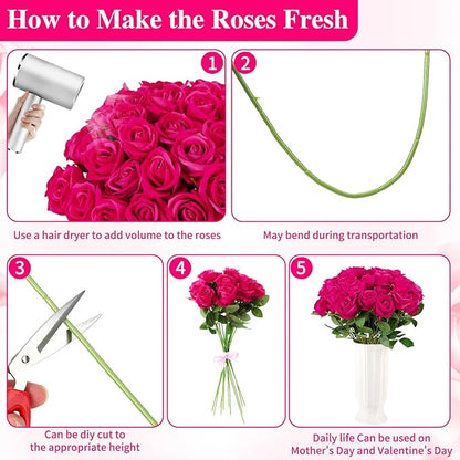 150 Pcs Roses Artificial Flowers, Silk Hot Pink Artificial Flowers Petals Long Stem Roses for Wedding Bouquet Home Party Decor