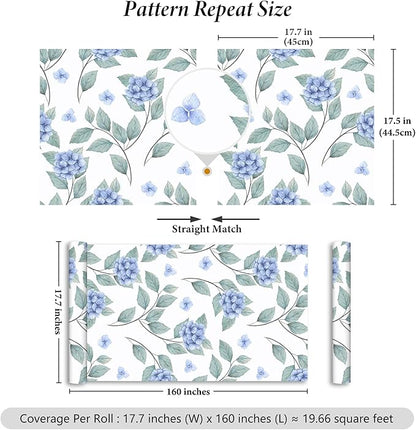Blue Floral Peel and Stick Wallpaper Boho Hydrangea Floral Contact Paper for Cabinets Drawers 17.7"x160" Prepasted Watercolor Flower Wall Paper Blue and White Botanical Wallpaper for Bedroom