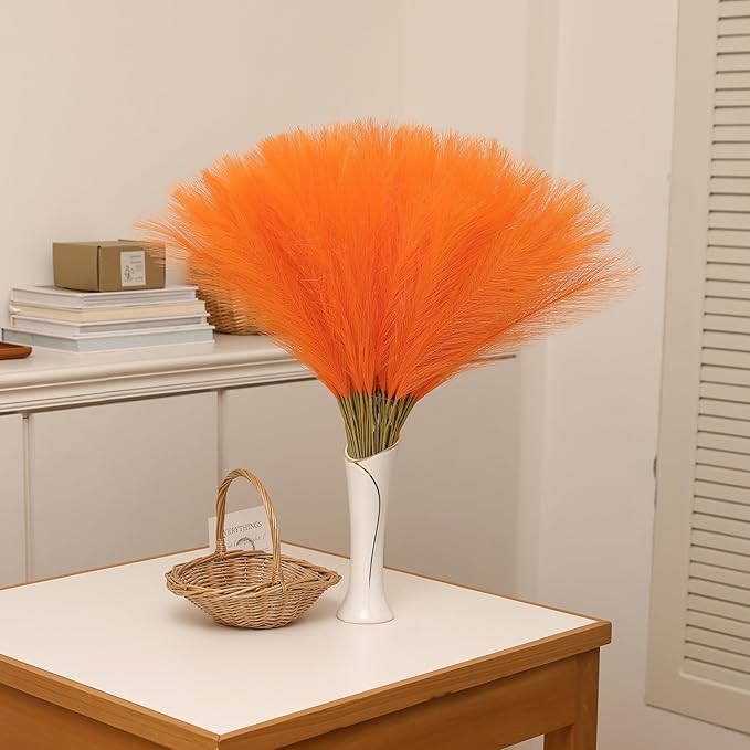Faux Orange Pampas Grass - 30pcs 24 Inch Artificial Pampas Grass Decor, Tall Pampas Grass for Floor Vase, Table Centerpieces, Wedding, Party and Living Room Decor (Orange, 30 Pieces)