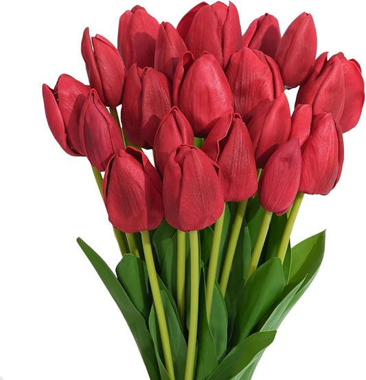 Real Touch Artificial Tulips, 20pcs Fake Tulip Flowers Stem, PU Faux Tulips 19.7” for Mother's Day, Home Decor, Wedding, Easter Valentine's Gift, Table Centerpiece, Floral Arrangements, Red