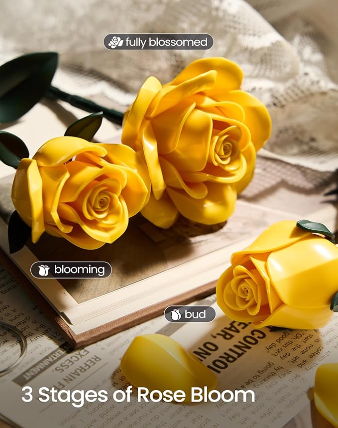 iATOM Yellow Rose Bouquet Building Set, Artificial Flowers Botanical Collection Kit for Adults, Gift for Christmas and Valentines Day, Warmming Home Office Table Centerpiece Decor - IA11019
