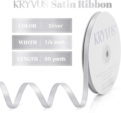 Silver Satin Ribbon, Double Faced 1/4 Inch X 50 Yards Silver Ribbon, Premium Satin Ribbon for Gift Wrapping, Crafts, Hair Bow Making, Sewing, Flower Bouquet, Wedding Party Decor