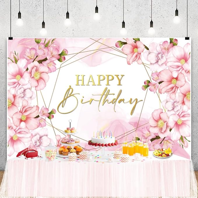 Chloroplastid 15x8ft Floral Happy Birthday Backdrop for Girls Pink Blooming Floral Party Decorations Photography Background Watercolor Flowers Women Birthday Party Decor Banner Photo Props