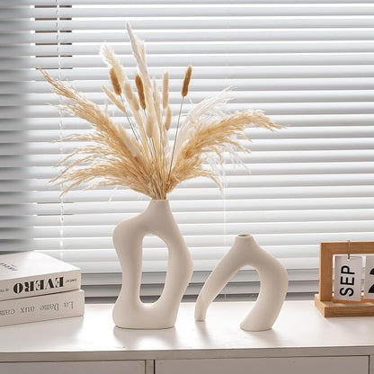 Ceramic Vase Set of 2, White Decorative Aesthetic Flower Vase for Home Décor Modern Minimalist Table, Fireplace, Shelf, Mantel, Entryway Centerpieces