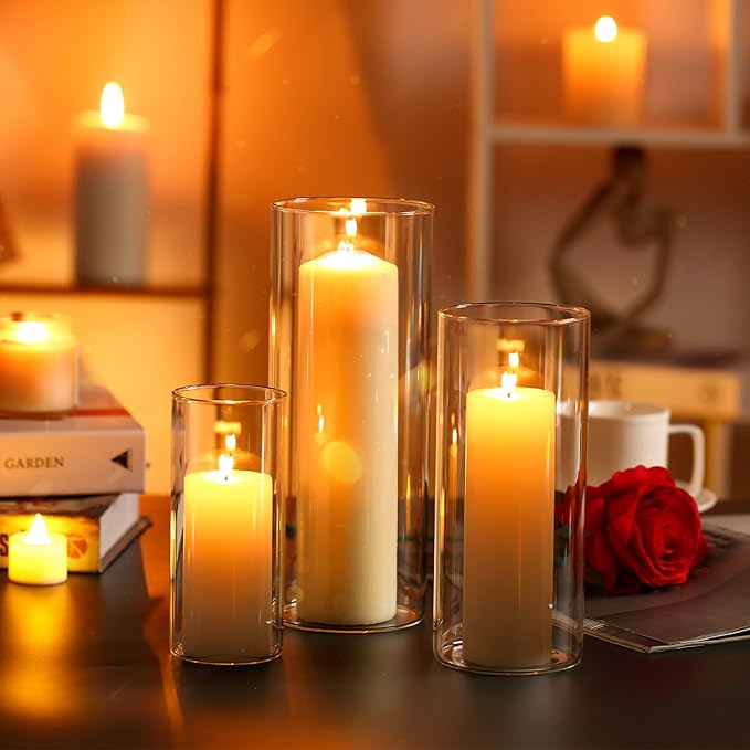 PHOSPHOR Hurricane Candle HoldersFor Pillar Candle Clear Glass Cylinder Centerpieces Vases Table Decoration Centerpiece Floral Room Decor Clear Seeded Bubbles Living Dining Kitchen 3 Pieces