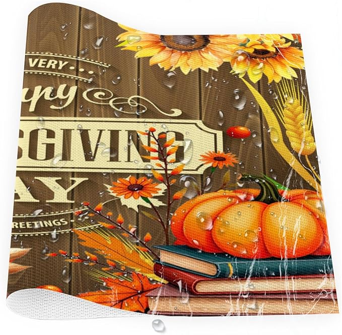 Thanksgiving Holiday Pumpkins Fall Placemats Set of 6 PVC Vinyl Non Slip Table Mats Heat Resistant Place Mats Washable Wipeable Dining Table Mat for Kitchen Decor Party Indoor Outdoor Decorative Gift