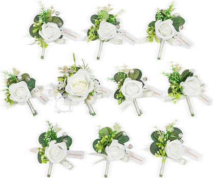 TINGE TIME Boutonniere for Men Wedding,Groom and Best Man Boutonniere for Weddings Ceremony Anniversary, Formal Dinner Party and Rustic Spring Wedding Marriage (10, IvoryWhiteRose)