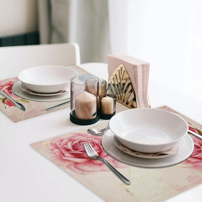 Pink Flower Placemats Set of 8, 17x12 Inch Romantic Watercolor Floral Rose Print Table Mats for Home Party Kitchen Dining Decor