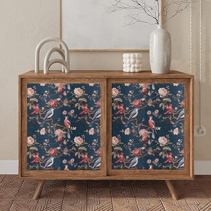 Abstract Blue Red Birds Floral Vintage Peel and Stick Wallpaper Easy Peel Off Contact Paper Stick on Adhesive Wall Paper for Bathroom Waterproof Renter Friendly
