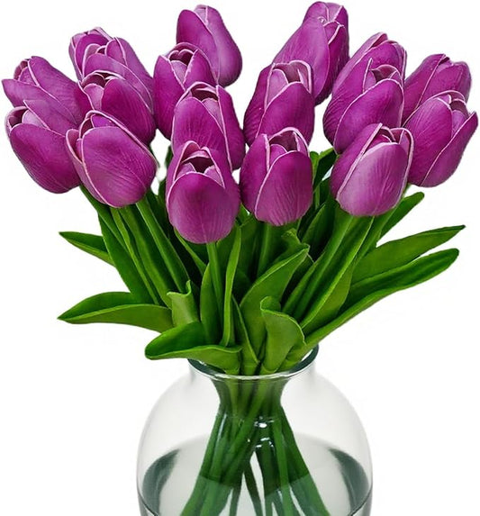 20pcs Artificial Tulips Artificial Flowers Faux Flowers PU Fake Tulips 13.5 Inch Mother's Day Easter Valentine’S Day Gifts in Home Kitchen Spring Decorations For Home (Purple)
