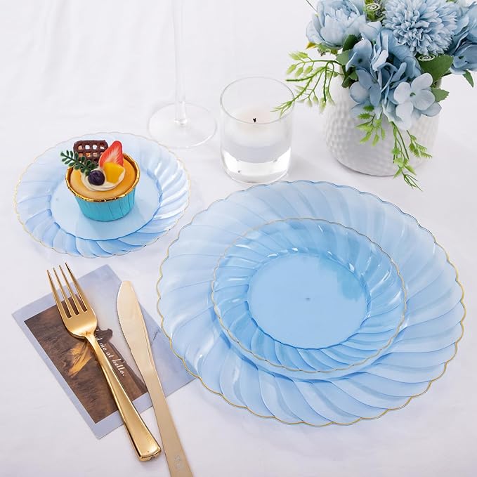 YOUBET 125PCS Clear Blue Gold Plastic Plates - Blue Disposable Plates With Gold Rim Include 25 Dinner Plates 25 Dessert Plates 75 Golden Silverwares for Wedding Birthday & Parties