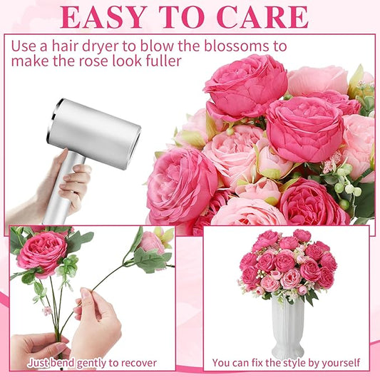 16 Pack Pink,Hot Pink Peonies Artificial Flowers,Fake Silk Hydrangea Bouquet for Bridal Wedding Home Table Decor Reusable Dining Opening Ceremony Birthday Arrangement Faux Floral