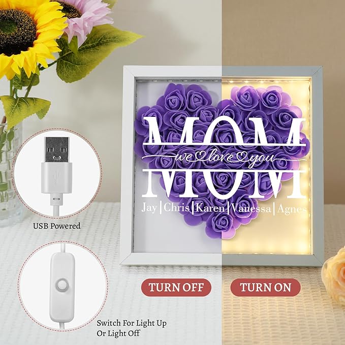 Mom We Love You - Personalized Flower Shadow Box with Names, Christmas Mothers Day Flower Box Gifts for Mom (Style 3-Box with Led)