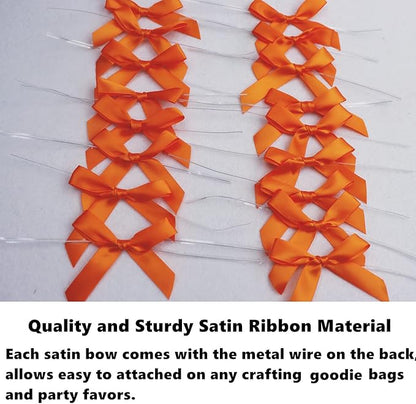 100 Pack Orange Satin Pretied Bows, 3" Satin Ribbon Twist Tie Bows for Gift Bags, Crafts, Weddings & Holidays