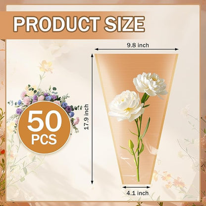 XABMU Flower Bouquet Bags - 50 Pack Kraft & Clear Floral Wrapping Sleeves for Wedding, Graduation, Mother’s Day Gifting & Florist Supplies