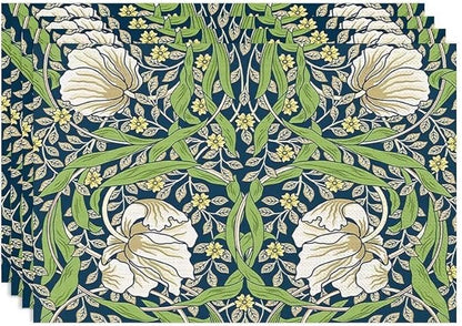 William Morris Flower Placemats Set of 4, Retro Boho Botanical Plant Place Mats, Heat Resistant Non Slip Cotton Linen Dining Table Mats for Home Kitchen Party 18x12 Inch