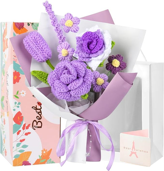 Crochet Flower Bouquet, Crochet Flowers Purple Tulip Rose Handmade Knitted Bouquet for Birthday Graduation Wedding Gift for Women Girlfriend Lover Wife Decor (Purple)