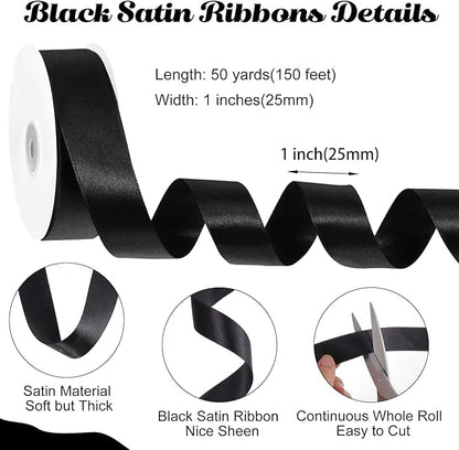 Black Ribbon 1 inch 50 Yards Black Satin Ribbon for Halloween Room Decor Bow Making Bouquet Crafts Gift Wrapping Christmas Decorations