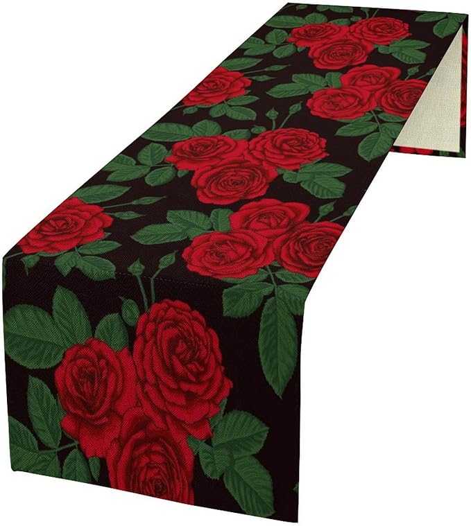 Red Rose Print Table Runner, Romantic Valentines Rose Summer Seasonal Dinner Runner Table Decoration for Home Kitchen Dining Holiday Wedding Party 13x120in