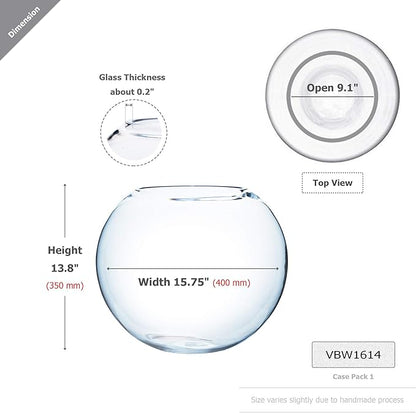 WGV Large Bowl Glass Vase, Diameter 16", Height 14", (Multiple Sizes Choices) Clear Huge Round Bubble Vase Jar, Floral Planter Terrarium for Wedding Event Home Decor, 1 Piece (VBW1614)