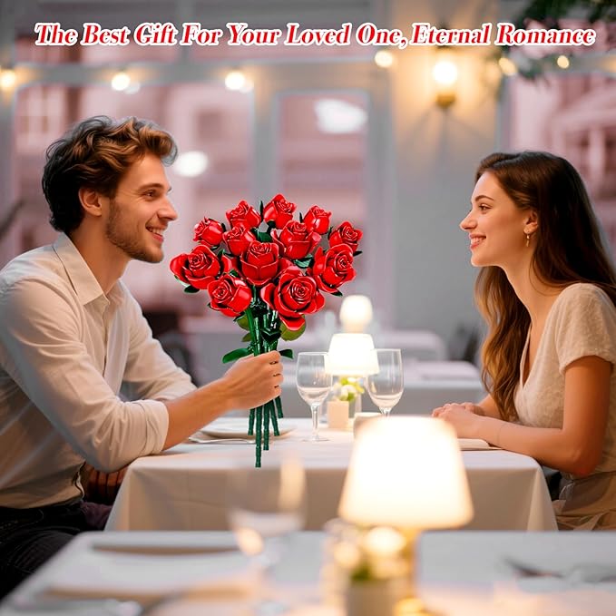 Flowers Bouquet Building Set, 12 Artificial Red Roses Botanical Collection Building Block Educational Toys Gift for Girls Kids Women Valentines Mothers Day Christmas Birthday Gift, 634 PCS