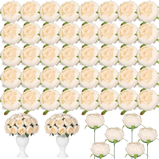 50 Pcs Artificial Peony Flower Bulk 3.5 Inch Silk Peony Flowers Heads with Stems Realistic Fake Roses for DIY Wedding Party Craft Bridal Bouquets Table Centerpieces Vase Home Decor(Cream‌)