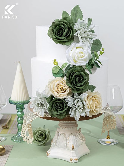 FANKO Artificial Flower Fake Rose Combo, 5 Mixed Silk Flowers Bouquet Dark & Light Green Rose Cream Roses, Light Gray Dahlia for DIY Wedding Bridal Bouquets/Centerpieces/Home Decorations