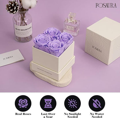 Rosaura 4-Piece Eternal Preserved Roses & Flowers Gift Box - Forever Lasting Real Roses, Preserved Flowers for Valentine's Day (Light Purple)
