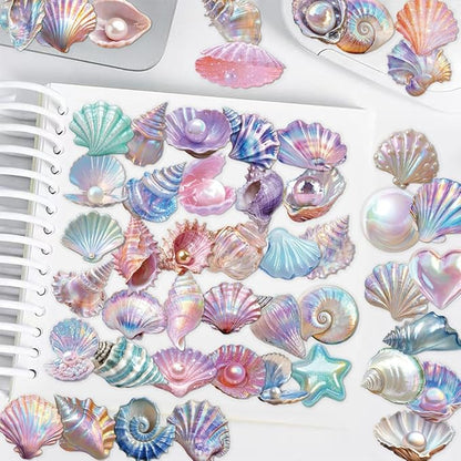 50 Pcs Sea Shell Stickers Waterproof, Transparent PET Aesthetic Stickers, Nautical Clam Shell Pearl Decals for DIY Crafts, Journals, Planners, Laptop & Water Bottle Decor