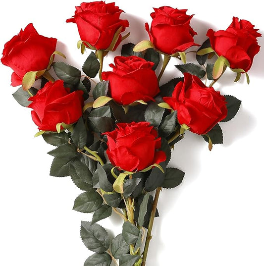 8PCS Artificial Silk Roses in Bulk & Bouquet Long Stem – Realistic Fake Roses for Wedding Centerpieces, Home Decor, Floral Arrangements, Party Decoration (Red)
