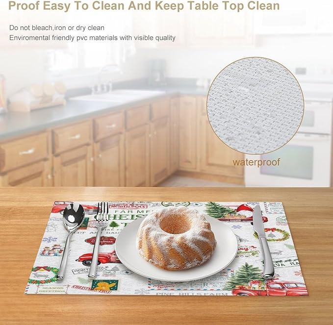 Christmas Placemats Simple Rustic Christmas Tree Red Gnome Truck Christmas Bells Gifts Wreath Snowman Greeting Card Placemats Table Kitchen Dining Party 12x18 Inch Set of 6