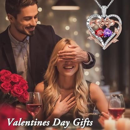 Iefil Rose Heart Double Birthstone Necklace Gifts for Wife Her Mom Women, Birthstone Jewelry Gemstone Birthday Gifts for Girlfriend Grandma Her Wife Women