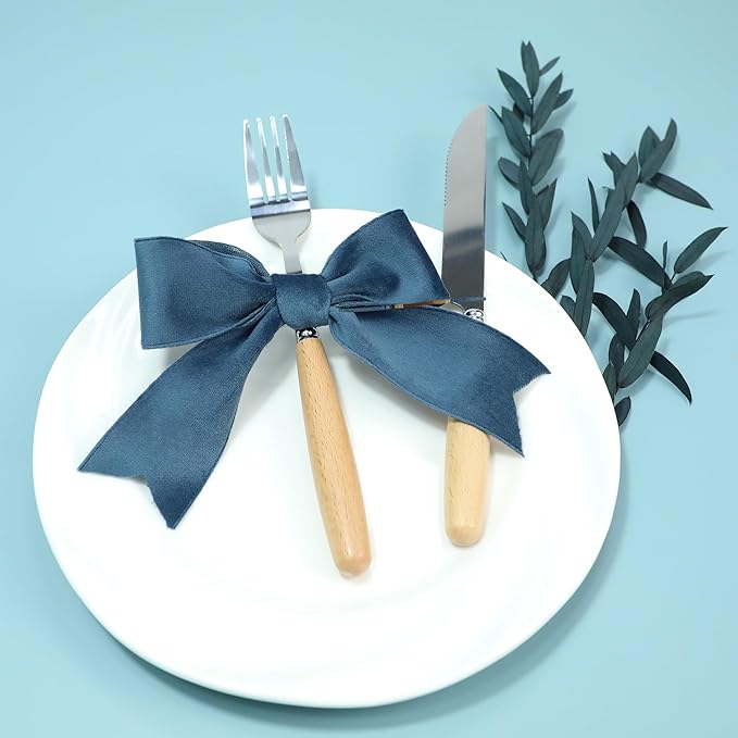 Dusty Blue Velvet Ribbon, 1-1/2 inch Wide Handmade Fabric Ribbons for Christmas Decor, Flower Bouquet, Wedding Decoration, Baby Shower, 2 Rolls