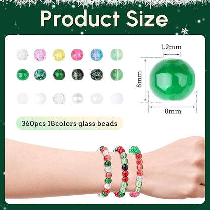 DUQGUHO Christmas Beads, Christmas Beads for Jewelry Making, 8mm Red Green White Round Glass Beads Kit 360PCS