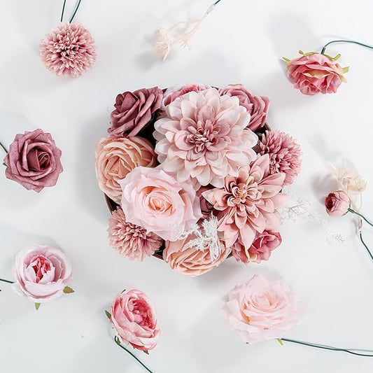 Artificial Flowers Combo Dusty Pink Roses with Stems Bouquets Bridal Wedding Shower Decorations Fake Floral for Party Table Centerpieces Home Decor