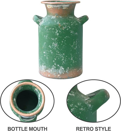 Rustic Vintage Metal Flower Vase for Decor Milk Jug Small Vases for Flowers Kitchen Decorations, Cylindrical,Perfect for Kitchen, Dining Room, Living Room,Housewarming Gift (DarkGreen)