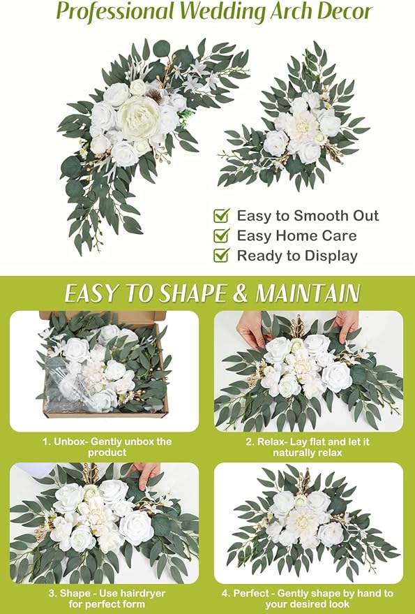 Wedding Arch Flowers Set of 2, Artificial Wisteria & Greenery Garland for Wedding Ceremony Backdrop, Wedding Floral Arrangement for Arch, Photo Booth & Reception Decor (White)