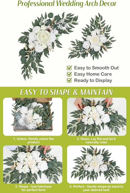Wedding Arch Flowers Set of 2, Artificial Wisteria & Greenery Garland for Wedding Ceremony Backdrop, Wedding Floral Arrangement for Arch, Photo Booth & Reception Decor (White)