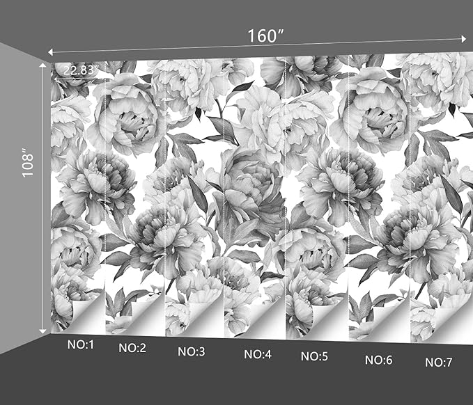 Grey Peony Floral Wallpaper Bedroom Black and White Botanical Flowers Leaf murals Aesthetic Room Decor Living Room tv Background Large Wall Mural - 160"x108" Not Peel and Stick