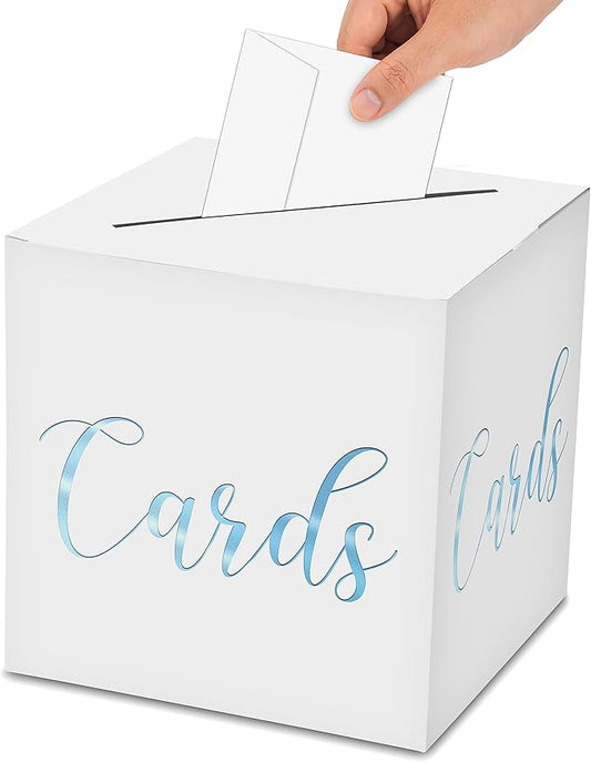Classic Elegant Card Box – 1 Set Hot Stamping Card Receiving Box for Gift Envelope Money – Wedding Bridal Baby Shower Birthday Graduation Party Supplies Decorations ( 8"*8"*8", Baby Blue and Gold)-A10