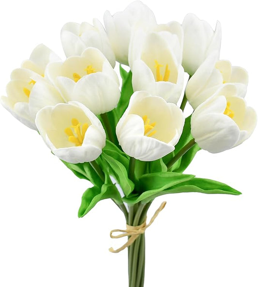 Mandy's Artificial Tulips 12 Stems White Partially Open PU Faux Flowers for Thanksgiving and Christmas Decorations Wedding Home Decor 13.5 Inch