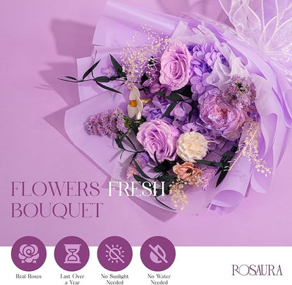 Rosaura Preserved Flowers Bouquets, Natural Real Roses for Delivery Prime, Forever Rose Bouquets Valentine's Day, Mother's Day, Christmas, Birthday Gifts-Light Purple (with vase)