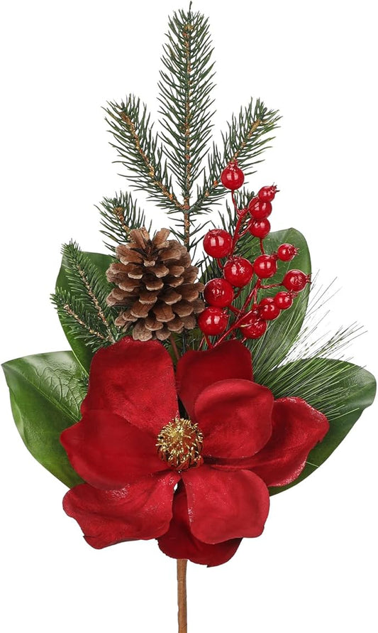 Briful Red Magnolia Christmas Flower Branches, 2 Pack 18.9in Artificial Magnolia Floral Picks and Spray with Pinecones Berries for Xmas Tree Vase Arrangements Decor