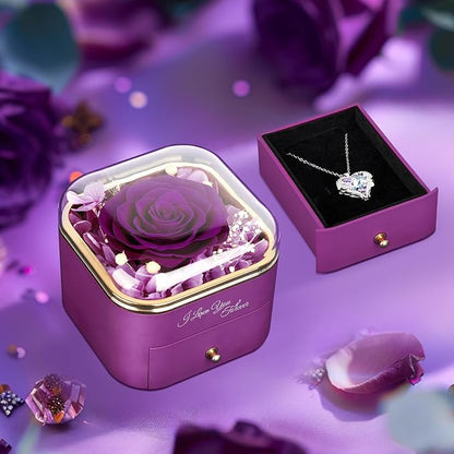 Gifts for Mom Birthday, Preserved Rose with Necklace, Real Purple Forever Rose Gifts for Women, Large 4.3" Eternal Roses Gift for Girlfriend Grandma Wife Mothers Day Anniversary