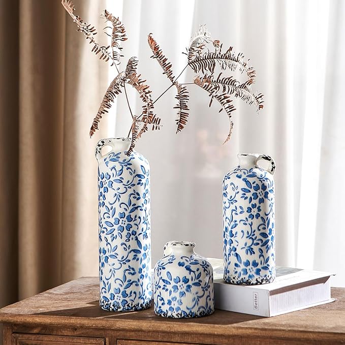 Ceramic Vase Set of 3, Vintage Blue and White Vase, Chinoiserie Floral Vases, Rustic Farmhouse Ceramic Vases for Home Decor, Blue Vase for Living Room, Kitchen Island, Bookshelf, Chinoiserie Decors