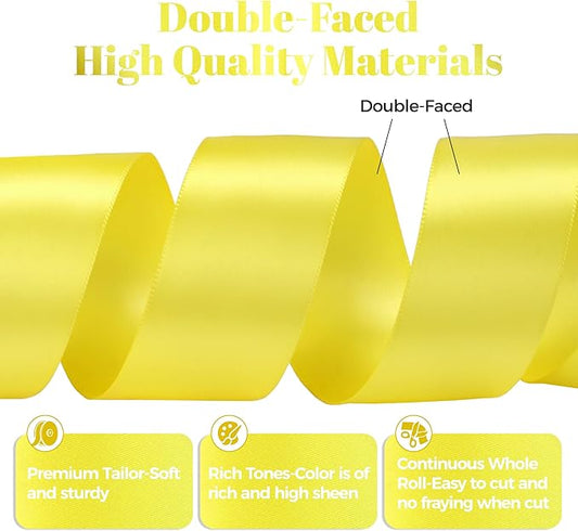 Lemon Yellow Satin Ribbon, Double Faced 1-1/2 Inch X 50 Yards Lemon Yellow Ribbon, Premium Satin Ribbon for Gift Wrapping, Crafts, Hair Bow Making, Sewing, Flower Bouquet, Wedding Party Decor