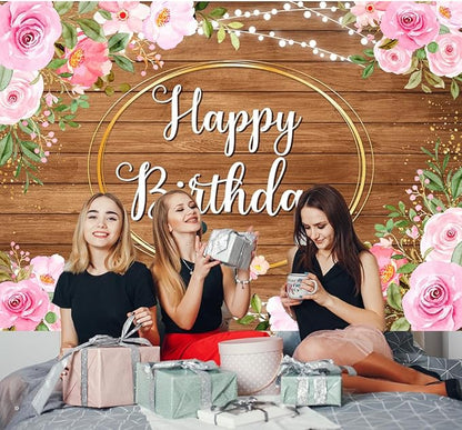Pink Flowers Happy Birthday Banner Brown Wooden Floral Happy Birthday Backdrop for Women Golden Frame Glitter Lights Photography Background for 20th 30th Women Girl Party Decorations 5.9x3.6Ft