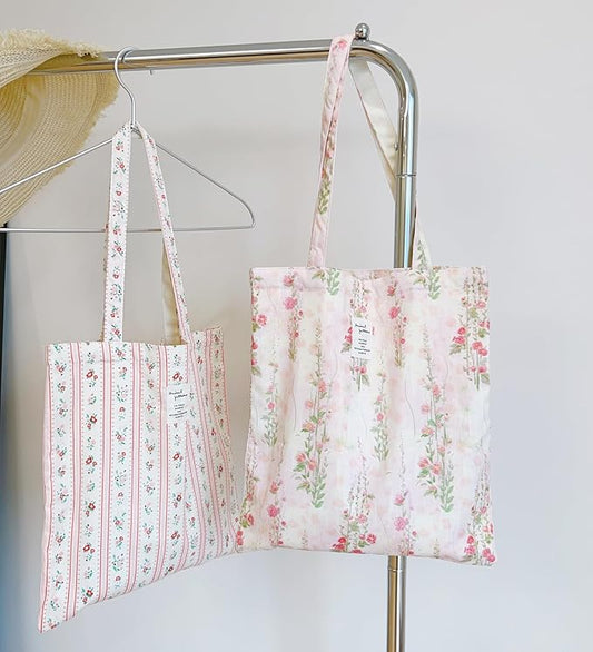 Cotton Canvas Tote Bag Reusable Soft Grocery Cloth Bag Floral Shoulder Bag for Beach Travel Shopping
