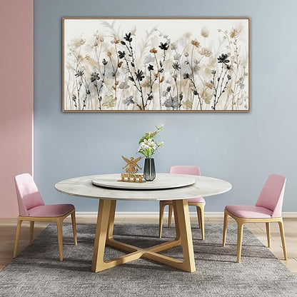 Framed Floral Wall Art Abstract Grey Cream White Grass Flowers Canvas Pictures Modern Landscape Painting Botanical Artwork for Living Room Bedroom Kitchen Office Wall Decor Ready to Hang 29"x58"