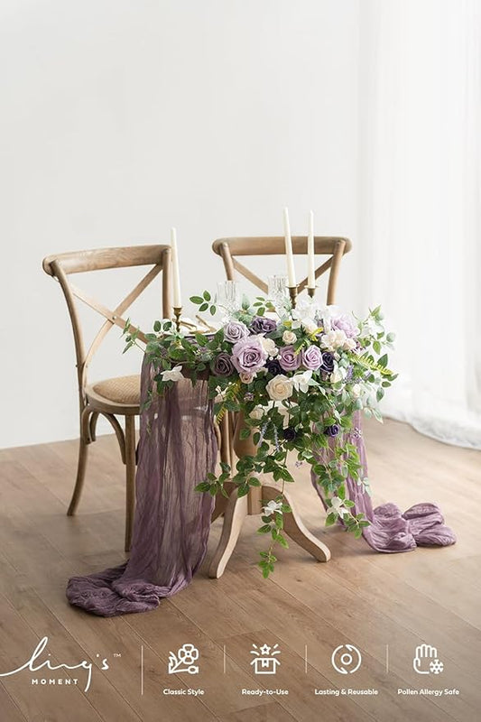 Ling's moment 2PCS Artificial Floral Swags Centerpieces Wedding Flower Purple Rose Garland Greenery Arrangements for Sweetheart Head Table Decor Car Wall Window Arch Garden Decor Lilac & Gold